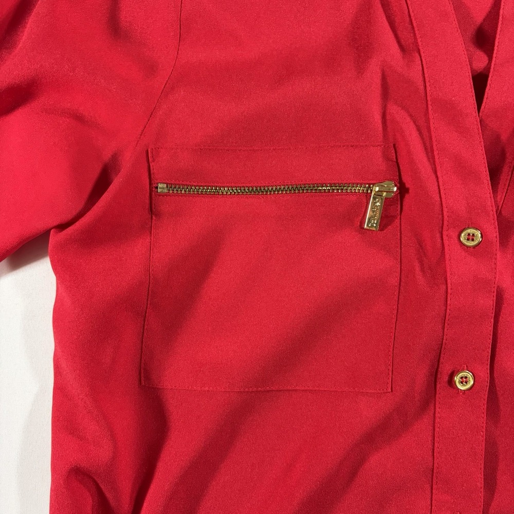 Calvin Klein Women's XS Red Utility Blouse Gold Zip Pocket Button Shirt Roll Tab - Picture 3 of 8